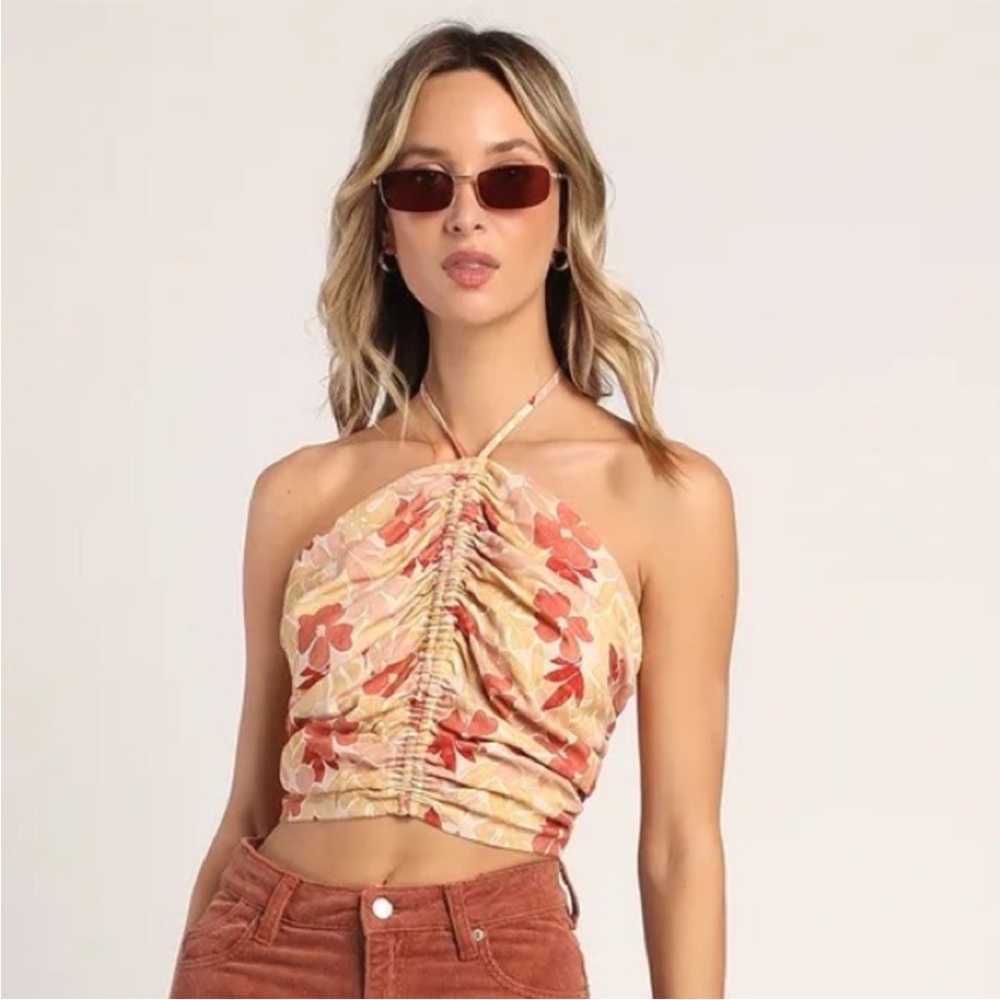 Lulus NWT Island Imaginings Beige Floral Print Ruched Lace-Up Halter Top